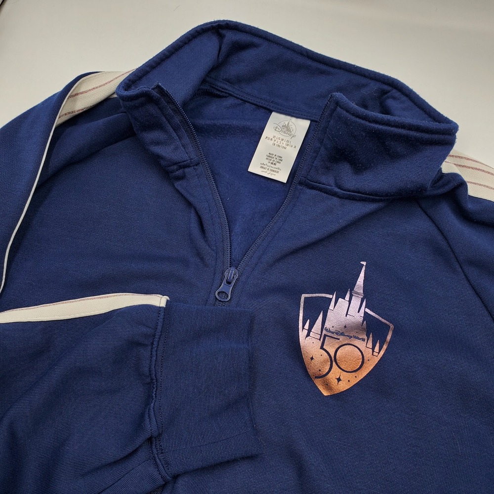 Disney World 50th Anniversary Track Jacket Blue Rose Gold Foil Large